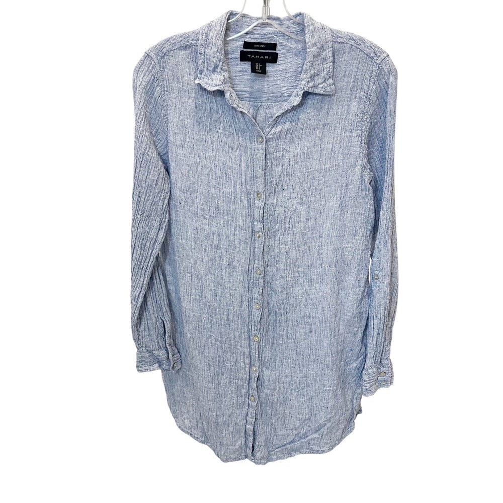 Tahari Women Blue 100% Linen Long Sleeve Button Down Tunic Shirt Size Small